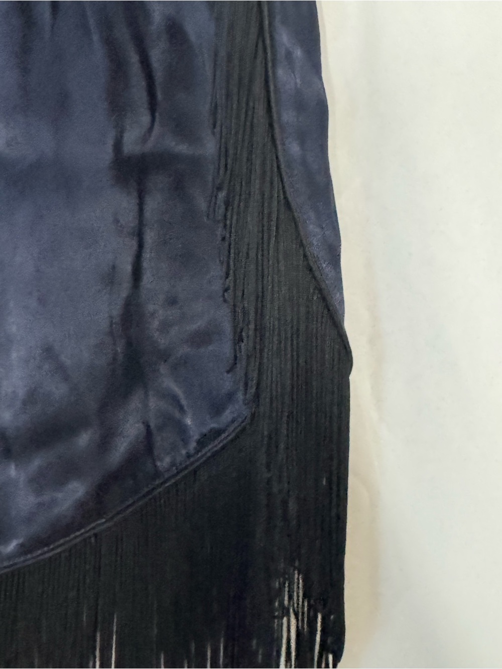 GANNI Donnelly Satin Shorts in Total Eclipse dark blue with black fringe - Picture 2 of 6